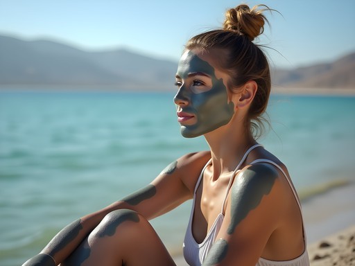 Woman applying therapeutic Dead Sea mud mask while overlooking the mineral-rich waters