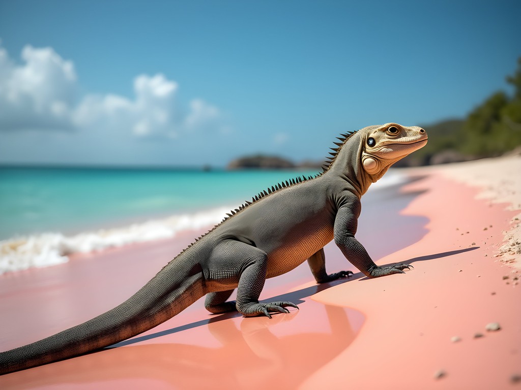 Komodo dragon walking near the shoreline of Pink Beach with the distinctive colored sand visible