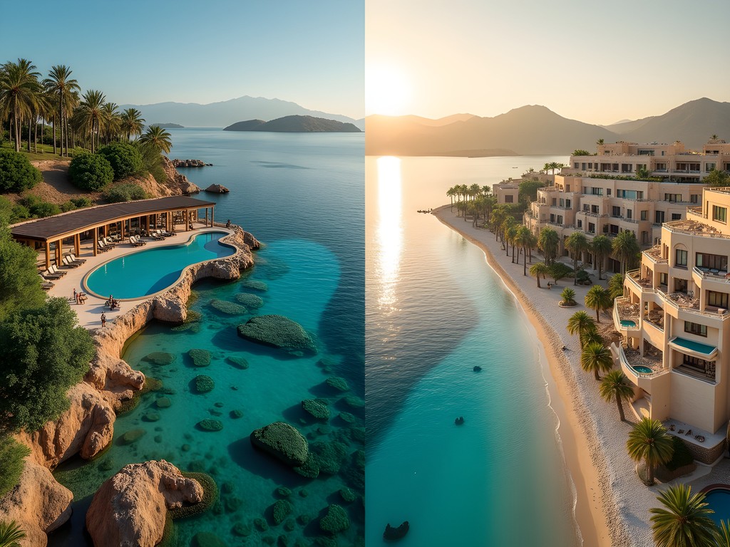 Split image comparing tropical luxury resort in Komodo with desert oasis resort at Dead Sea
