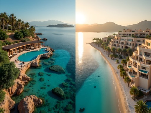 Split image comparing tropical luxury resort in Komodo with desert oasis resort at Dead Sea