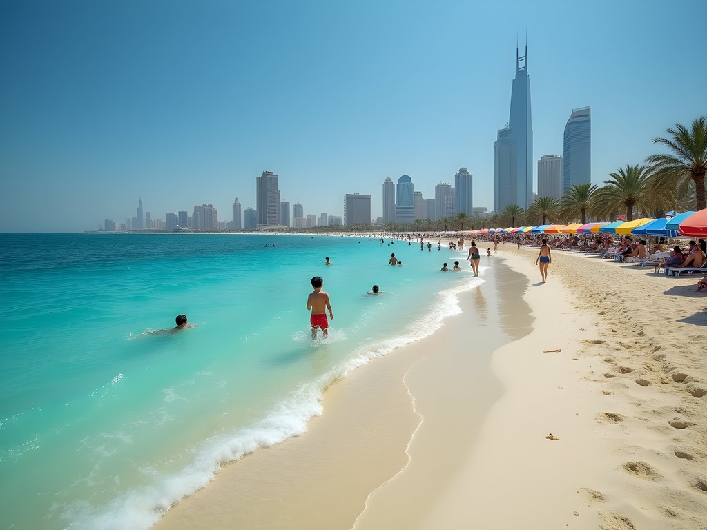 Family enjoying Al Kout Beach with Kuwait City skyline in background