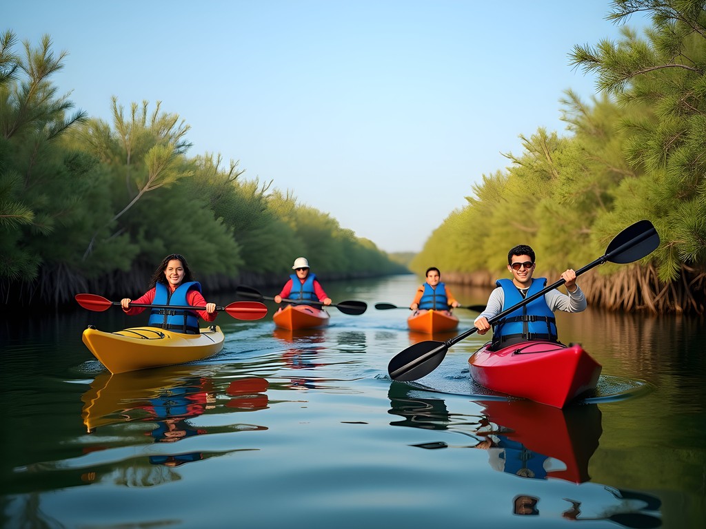 Family kayaking through peaceful mangroves in Sulaibikhat Bay, Kuwait