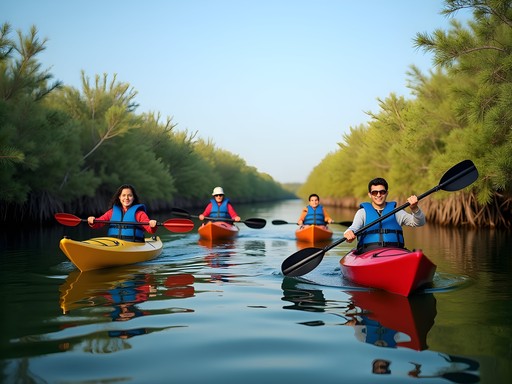 Family kayaking through peaceful mangroves in Sulaibikhat Bay, Kuwait