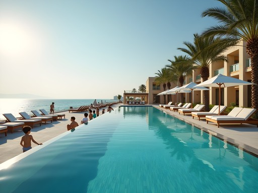 Luxury infinity pool at Marina Waves beach club overlooking Arabian Gulf