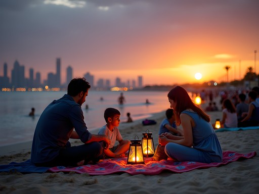 Families enjoying evening picnics at Sunset Beach with Kuwait City skyline illuminated