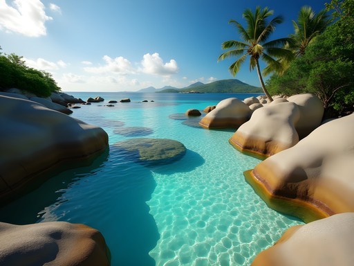 Natural rock pools at Anse Cocos beach with turquoise water