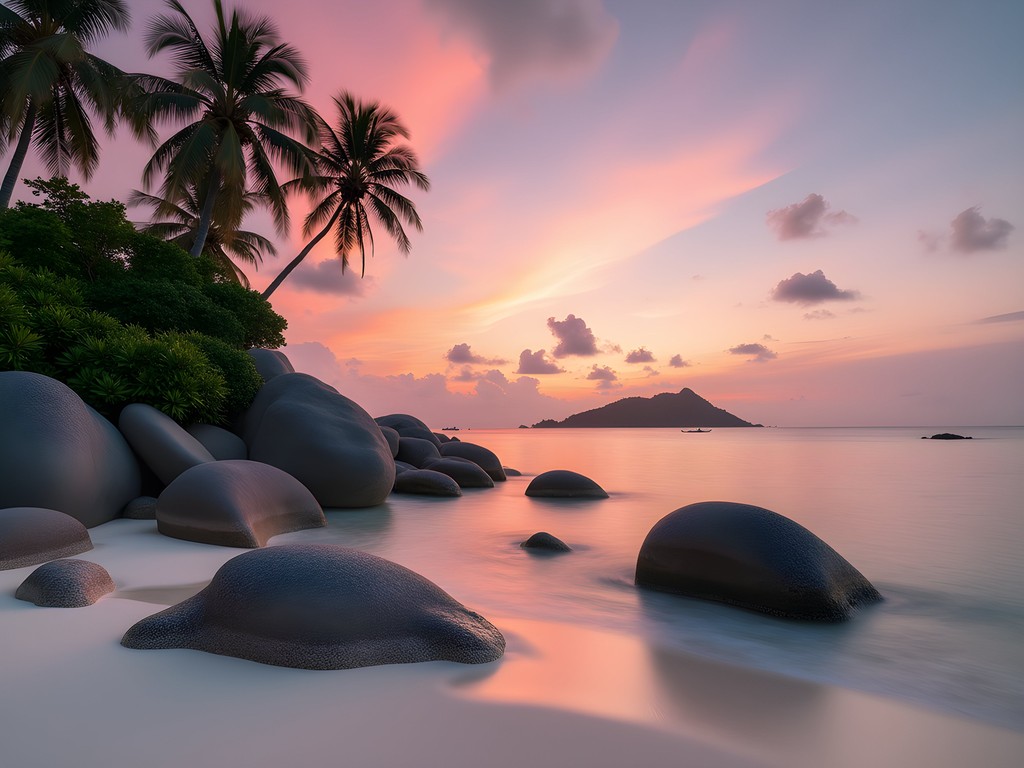 Sunrise at Anse Severe beach with silhouette of Praslin island