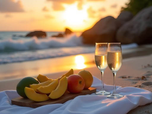 Luxury beach picnic setup on Grand Anse beach at sunset