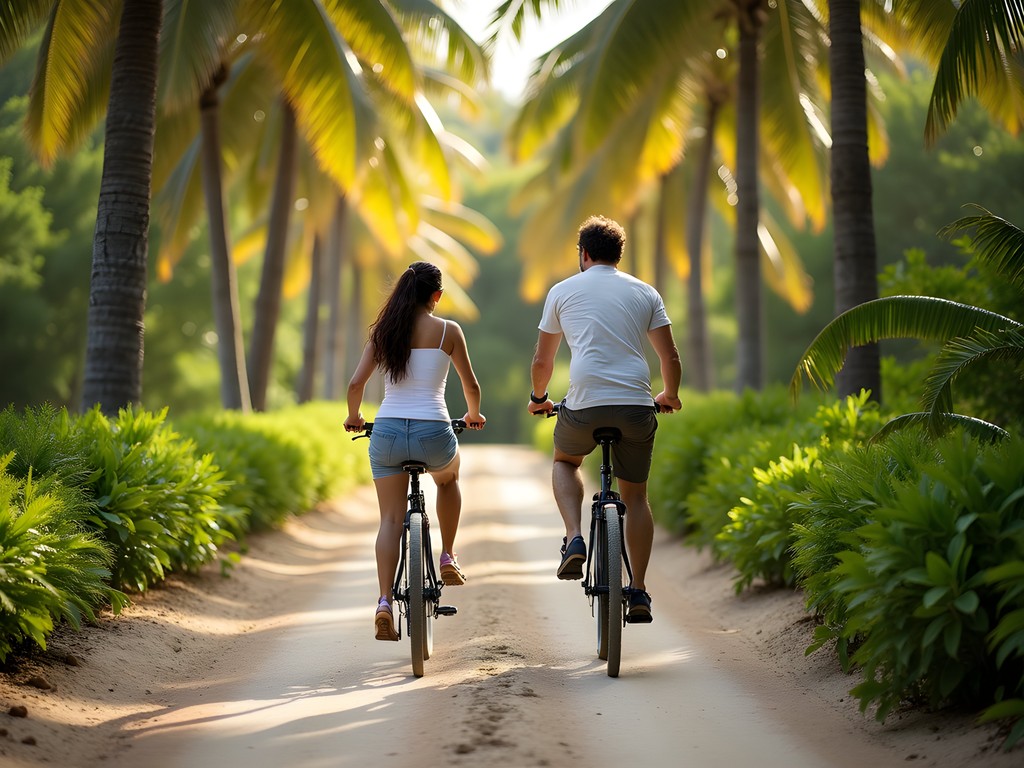 Couple cycling on palm-lined path in La Digue with bicycles