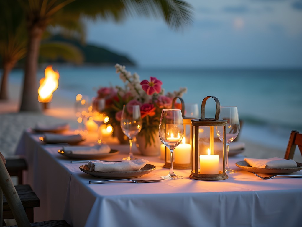Romantic private beach dinner setup on La Digue with candles and white table