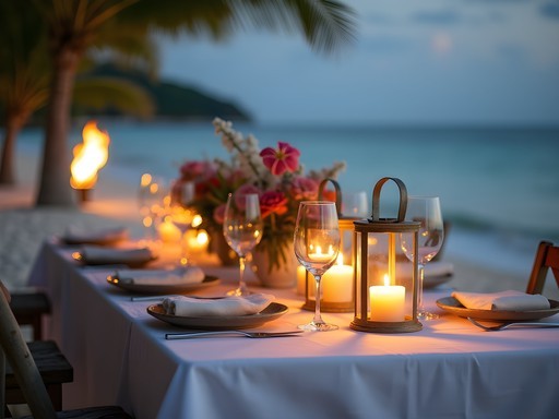 Romantic private beach dinner setup on La Digue with candles and white table