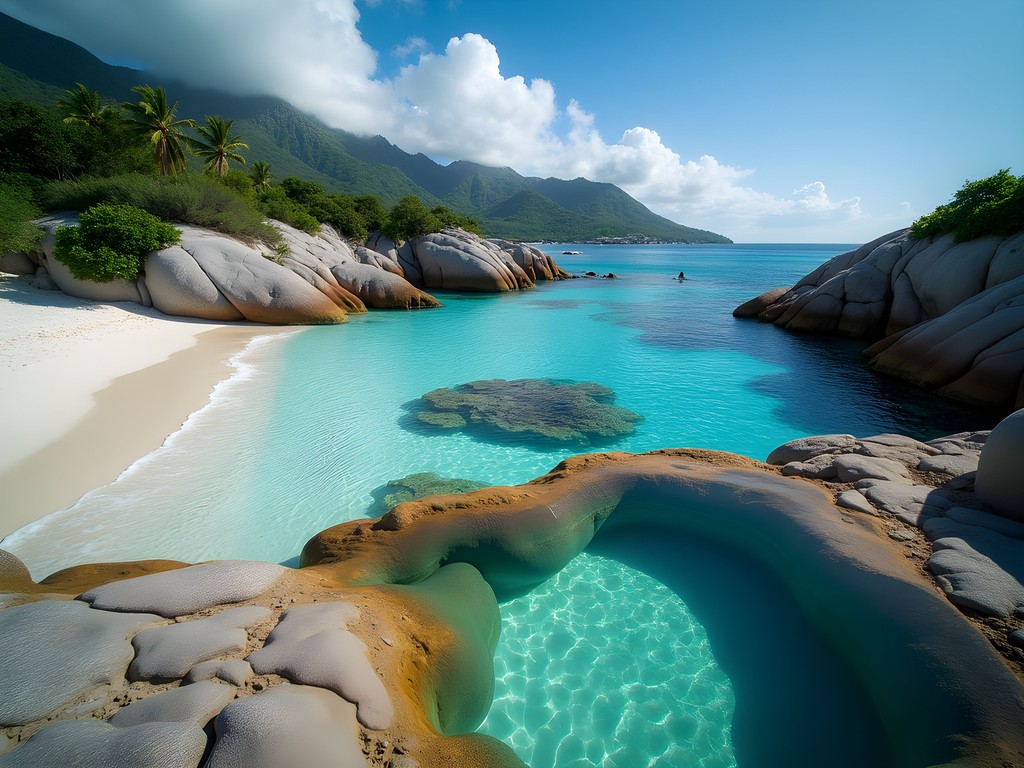 Natural rock pools at Anse Cocos beach on La Digue