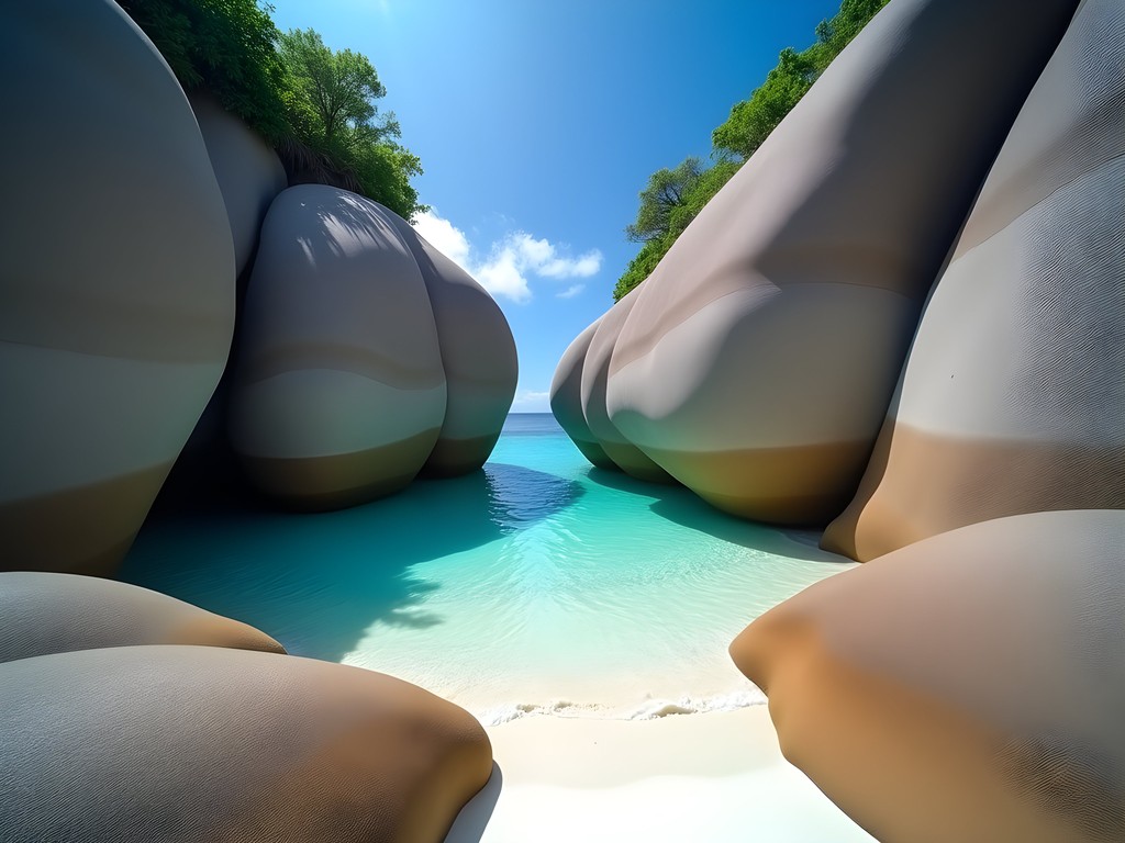 Dramatic granite formations and natural pool at Anse Marron