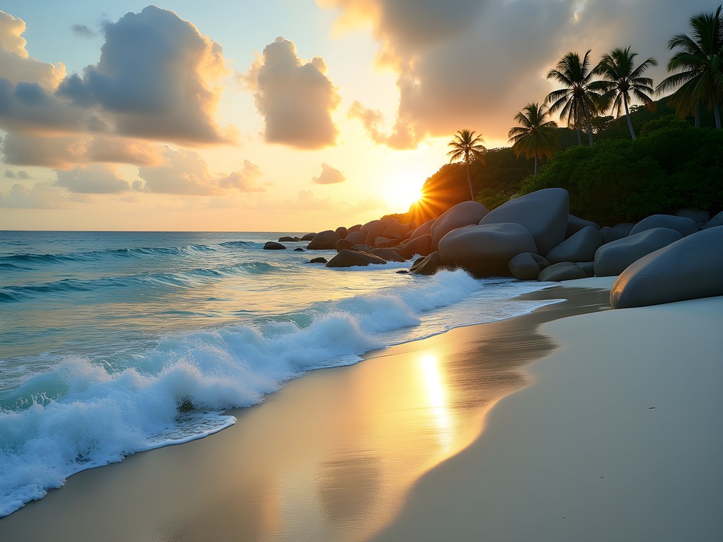 Sunrise at Grand Anse beach on La Digue with dramatic waves