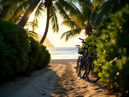 Bicycles parked near a hidden beach path on La Digue island