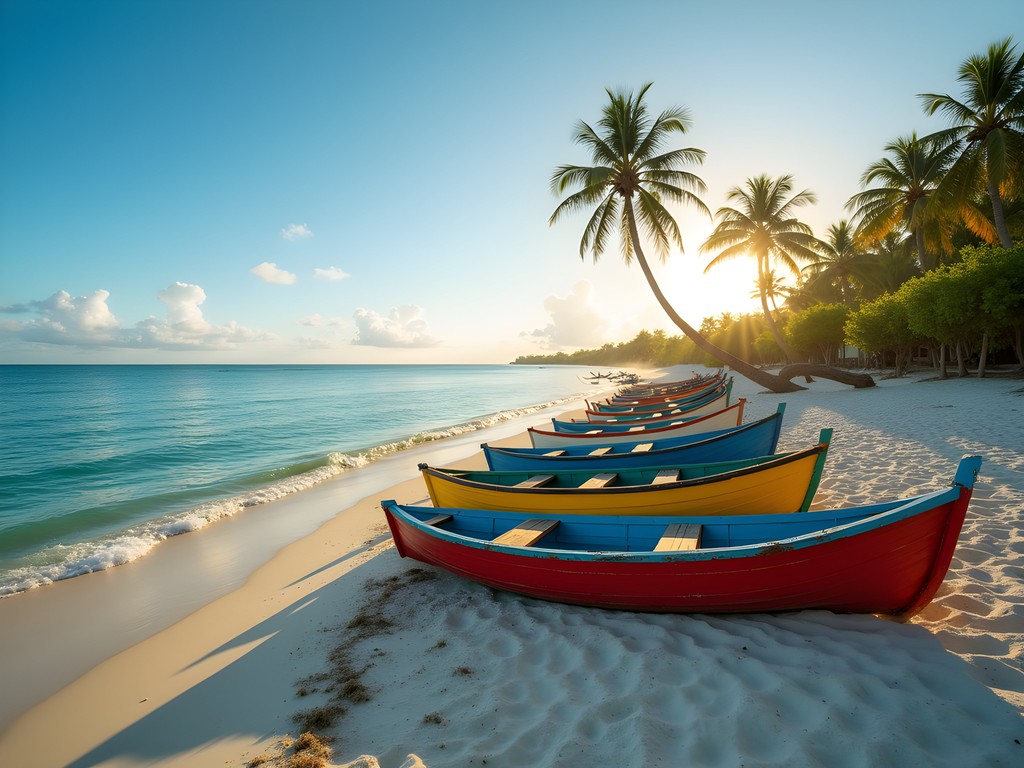 Colorful fishing boats at Playa Bayahibe in morning light