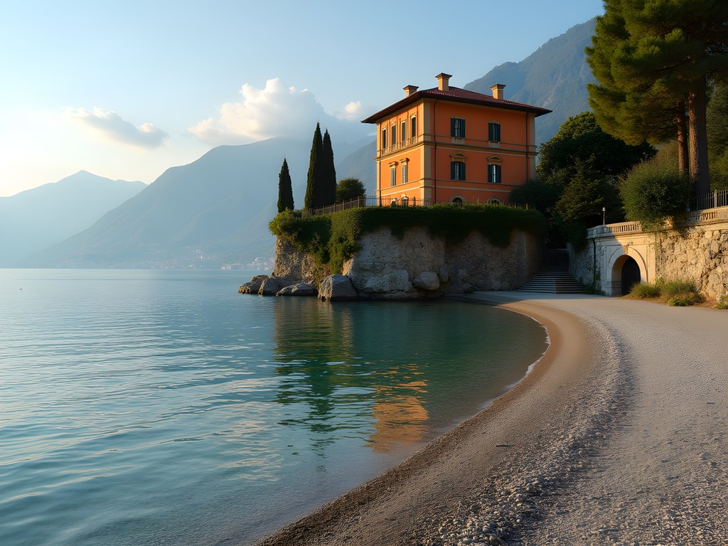 Small pebble beach below Villa del Balbianello with view of the historic villa and gardens above