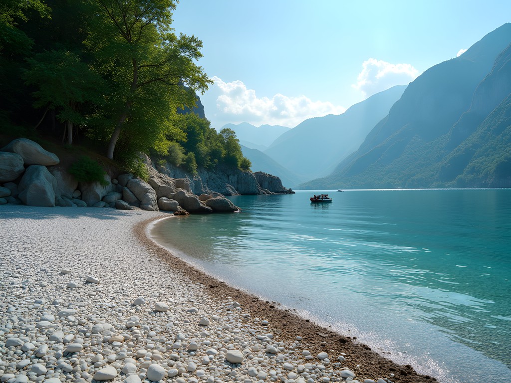 Secluded pebble beach at Riva di Faggeto with beech trees and clear blue waters of Lake Como