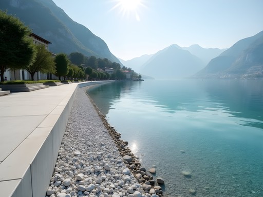 White pebble beach of Riva Bianca with minimalist promenade and crystal clear waters