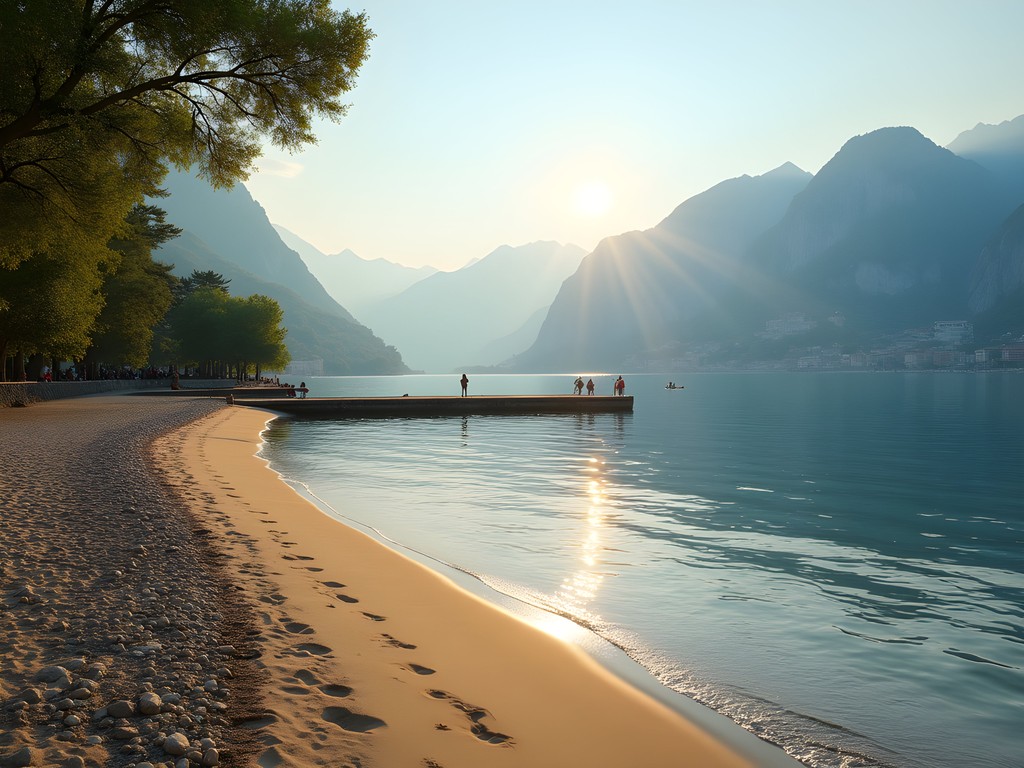 Sandy beach at Spiaggia di Onno with calm waters and mountain views across Lake Como