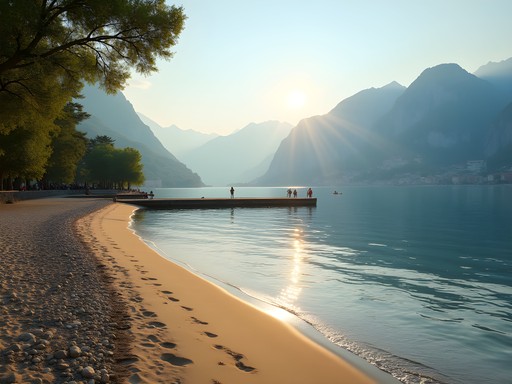 Sandy beach at Spiaggia di Onno with calm waters and mountain views across Lake Como