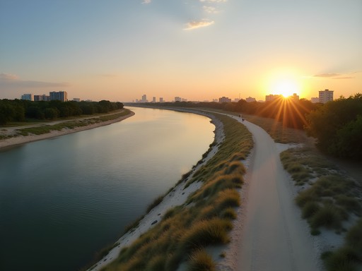 View across Rio Grande from Los Dos Laredos Park showing both sides of the border