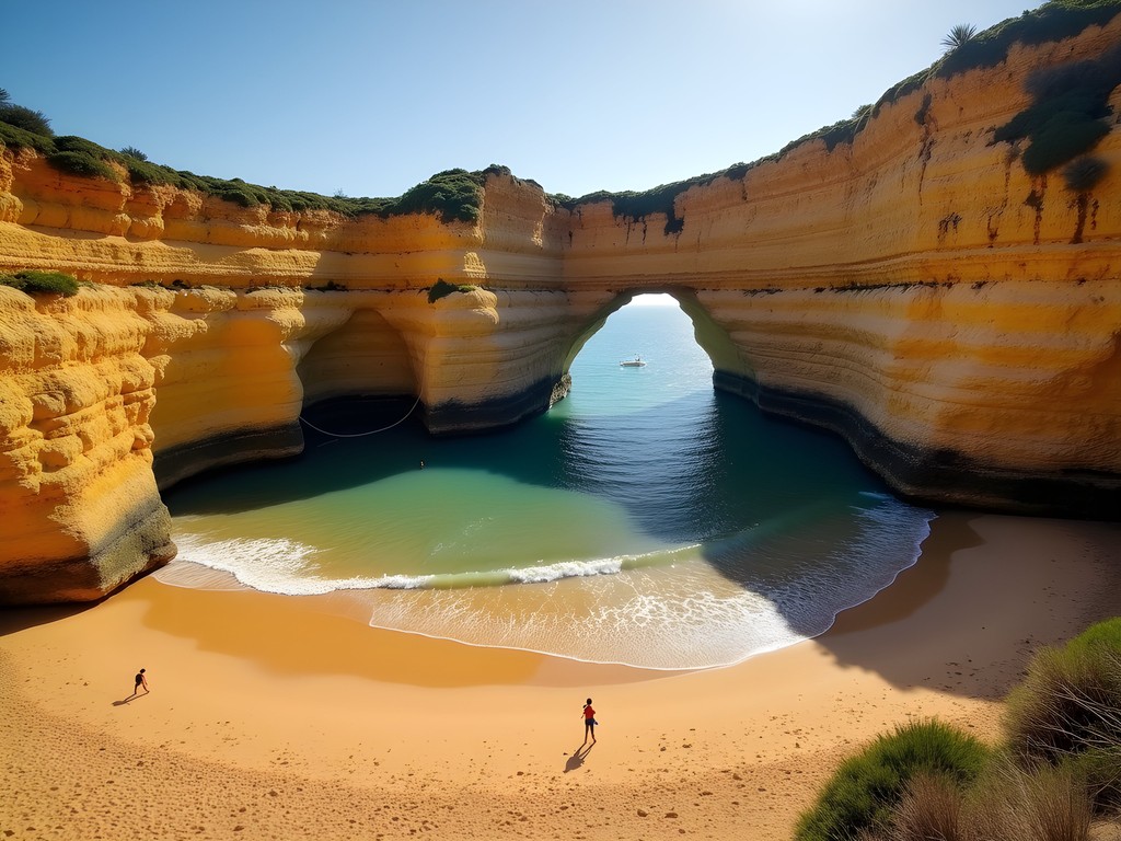 Dramatic rock formations and natural arch at Praia da Adraga with families exploring tidal pools