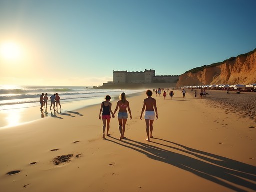 Wide view of Carcavelos Beach with São Julião da Barra Fort and families enjoying the golden sand