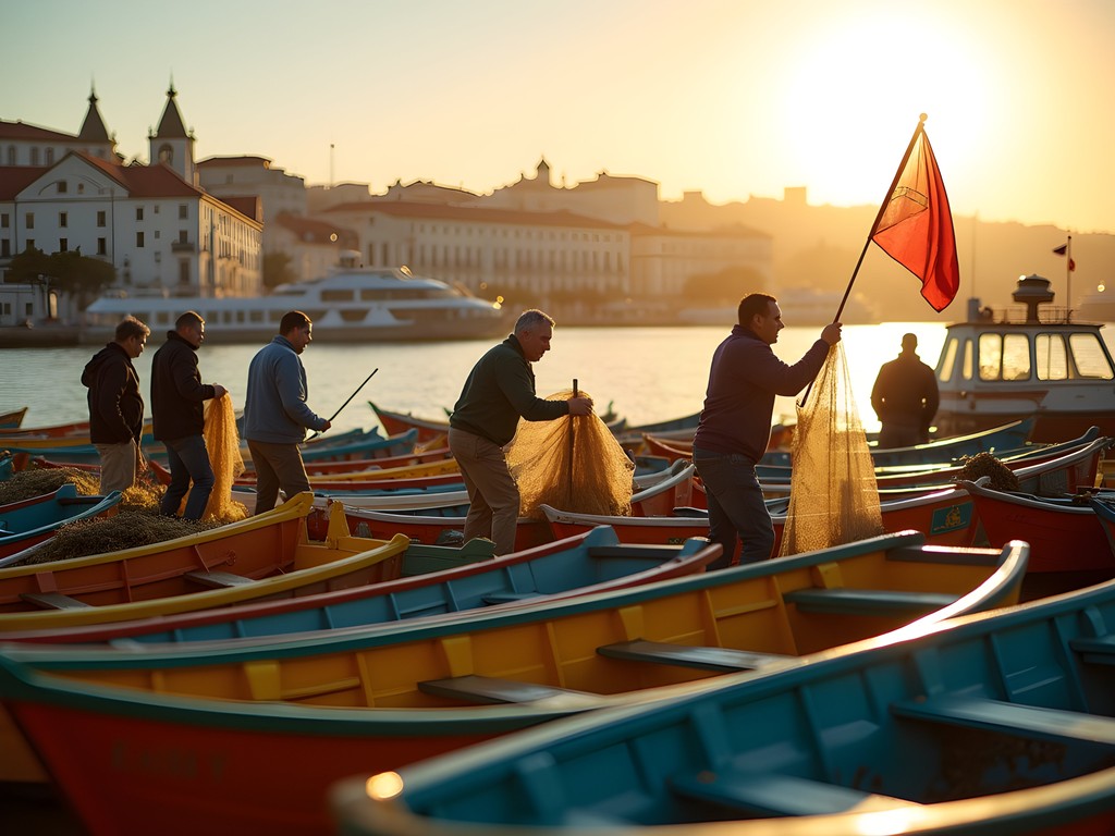 Traditional colorful fishing boats in Cascais harbor at sunrise with fishermen preparing for daily catch