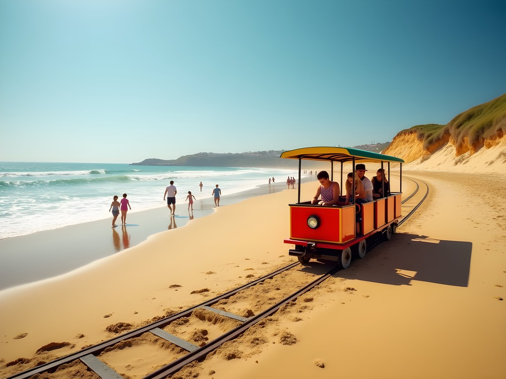 Colorful beach train running along Costa da Caparica shoreline with families and golden sand