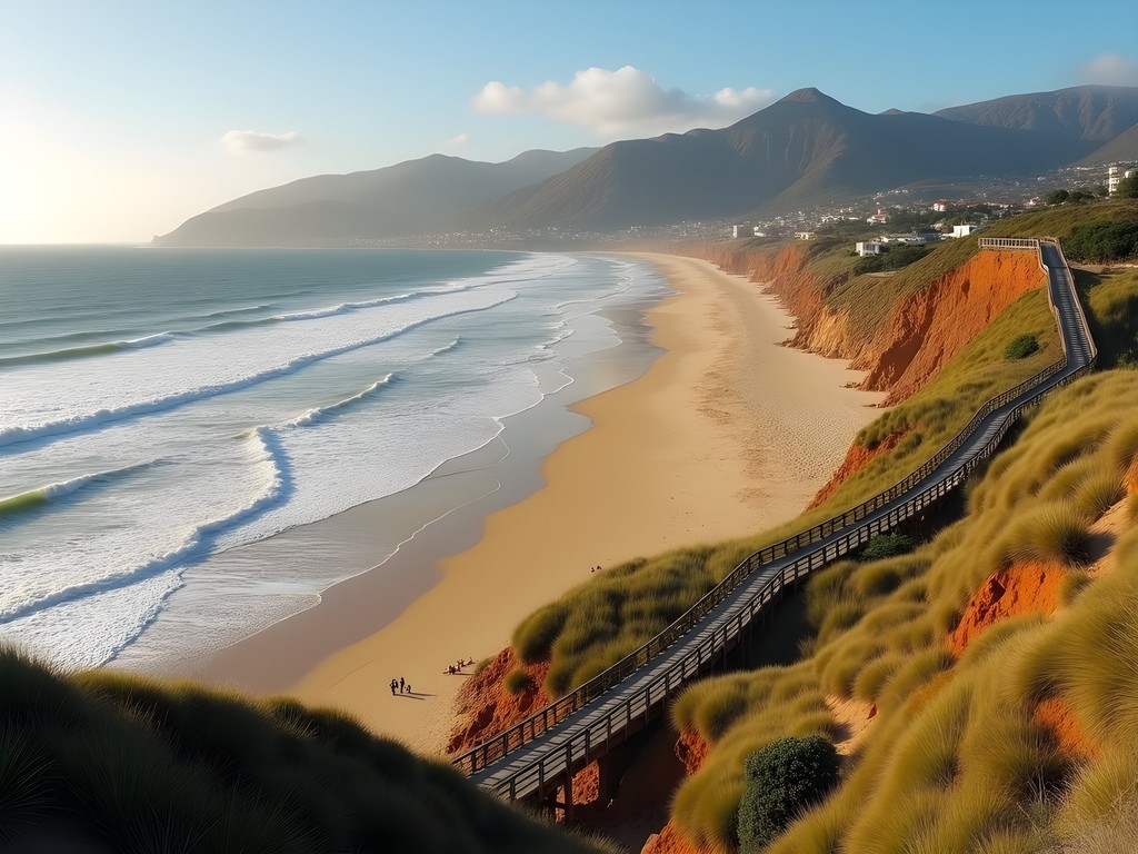 Dramatic landscape of Praia do Guincho with sand dunes, wooden boardwalks and Atlantic waves