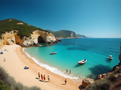 Crystal clear turquoise waters of Portinho da Arrábida with mountains in background and families enjoying shallow water
