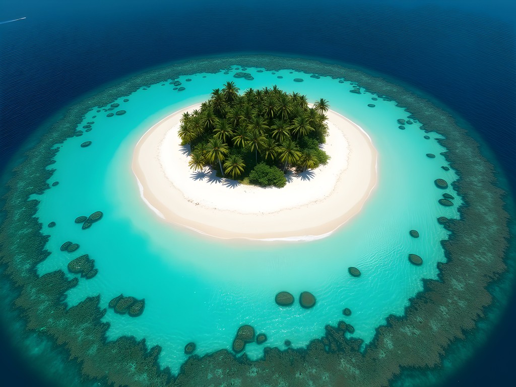 Tiny circular Gili Kedis island surrounded by turquoise water and coral reefs