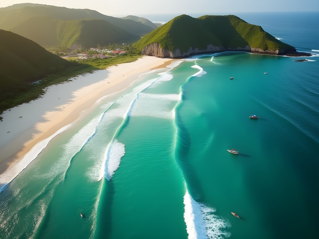 Aerial view of horseshoe-shaped Selong Belanak beach with gentle waves