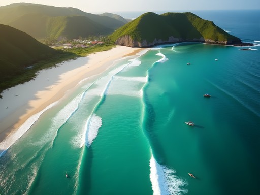 Aerial view of horseshoe-shaped Selong Belanak beach with gentle waves