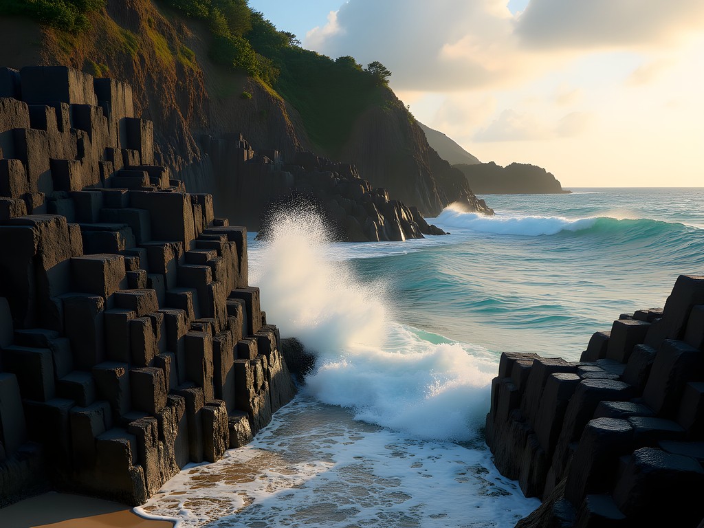Hexagonal basalt columns at Semeti Beach with waves crashing against geological formations