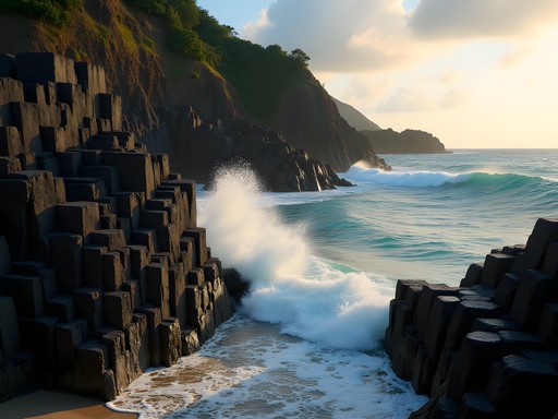 Hexagonal basalt columns at Semeti Beach with waves crashing against geological formations