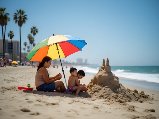 Family enjoying beach day at Belmont Shore in Long Beach with beach tent and sandcastle building
