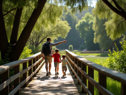 Family exploring wooden boardwalk trail through El Dorado Nature Center in Long Beach