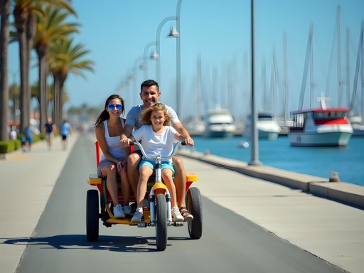 Family riding a surrey bike along Long Beach waterfront with harbor views
