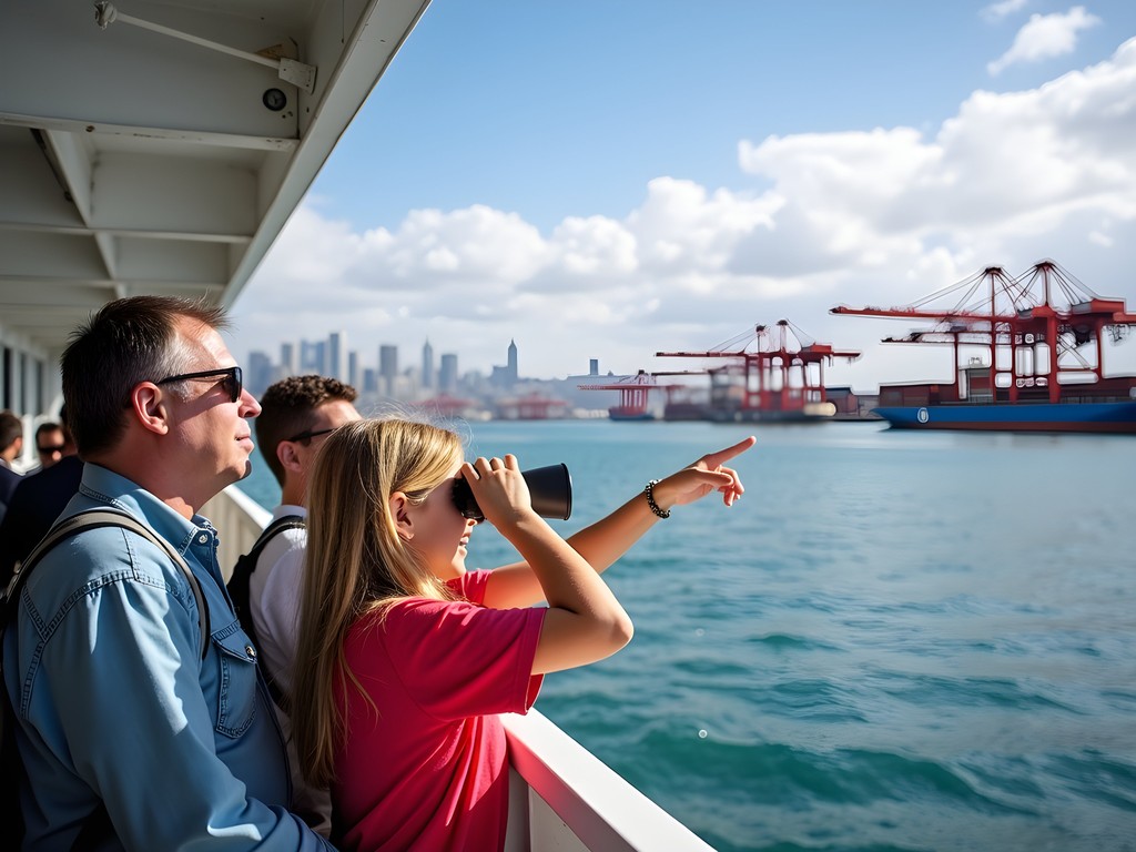 Family enjoying harbor cruise with Long Beach skyline and port views