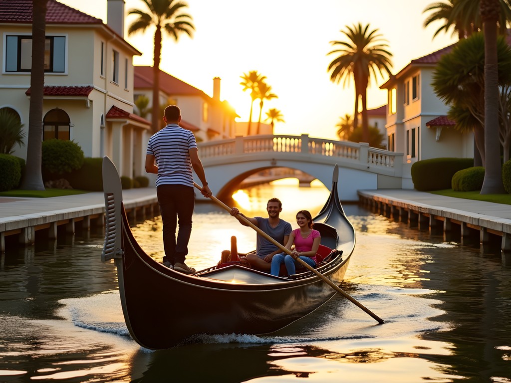Family enjoying gondola ride through Naples Island canals in Long Beach