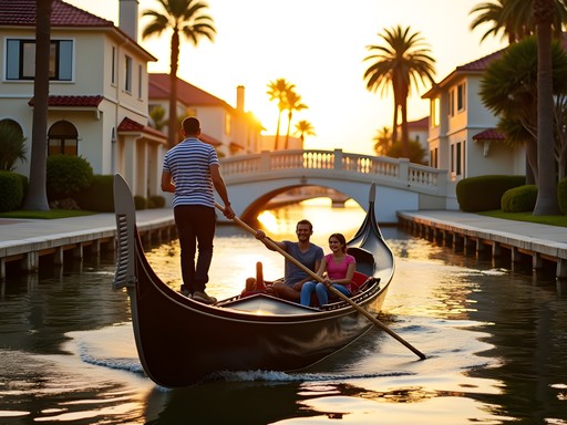Family enjoying gondola ride through Naples Island canals in Long Beach
