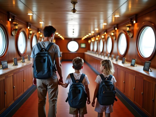 Family exploring the historic Queen Mary ship docked in Long Beach harbor