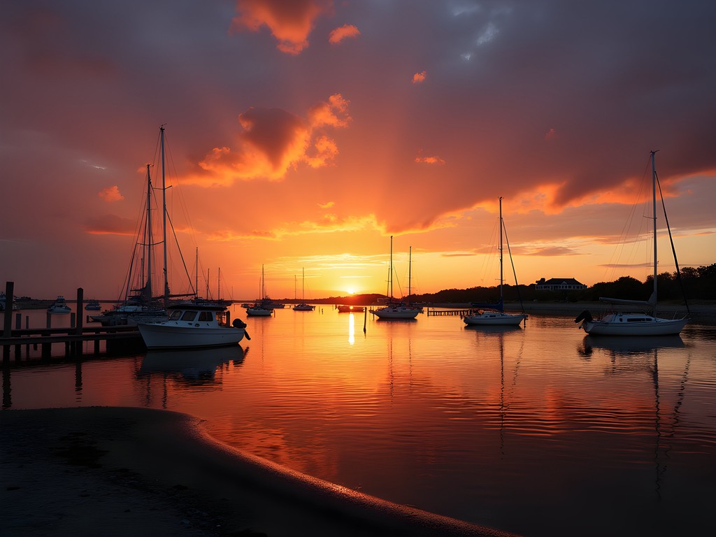 Colorful sunset over Barnegat Bay with silhouettes of boats and docks