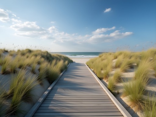 Wooden boardwalk leading through dunes to Long Beach Island beach