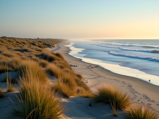 Pristine undeveloped beach at Holgate Wildlife Refuge with dunes and shore birds