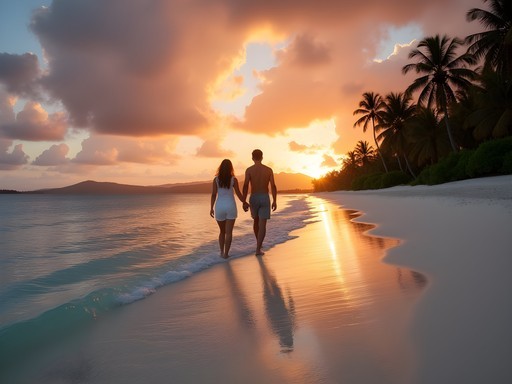 Couple walking along Champagne Beach at sunset in Luganville