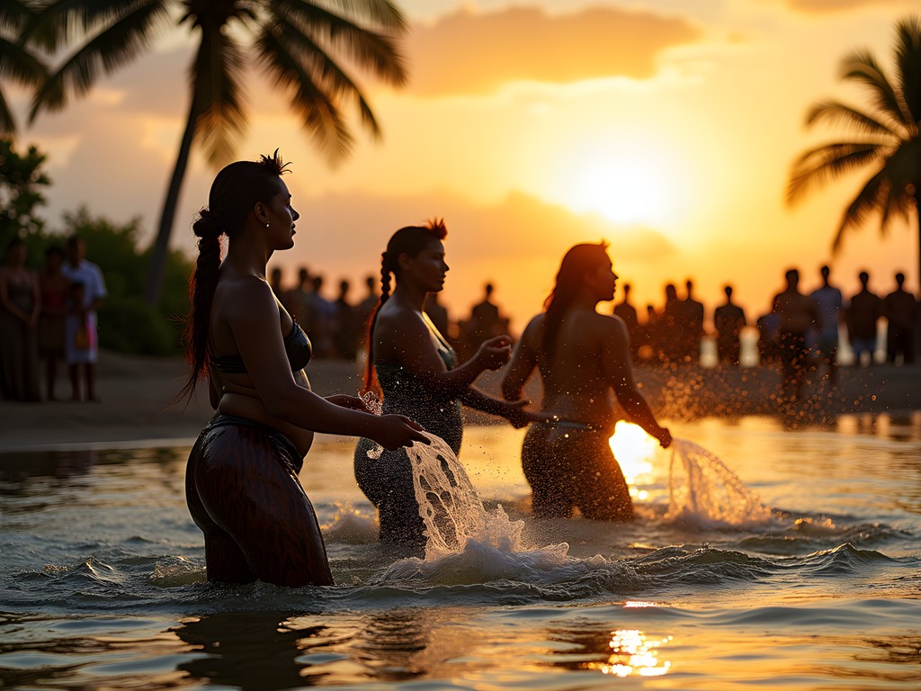 Traditional Vanuatu water music performance at sunset