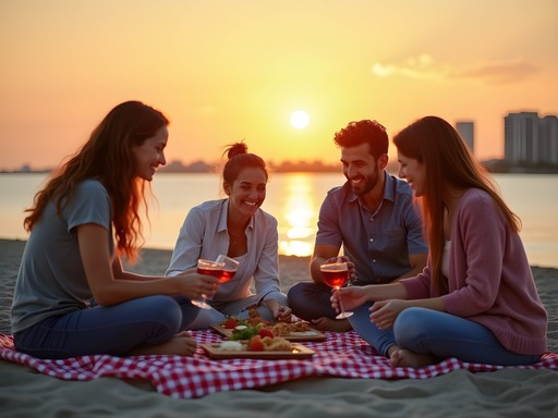 Family enjoying picnic dinner on Lynn Beach at sunset